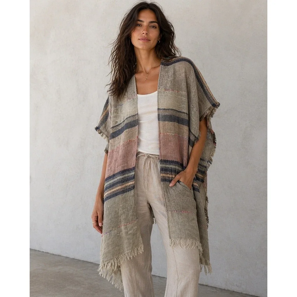 Do Everything In Love Poncho Women One Size Beige Striped Fringe Boho Wrap Shawl